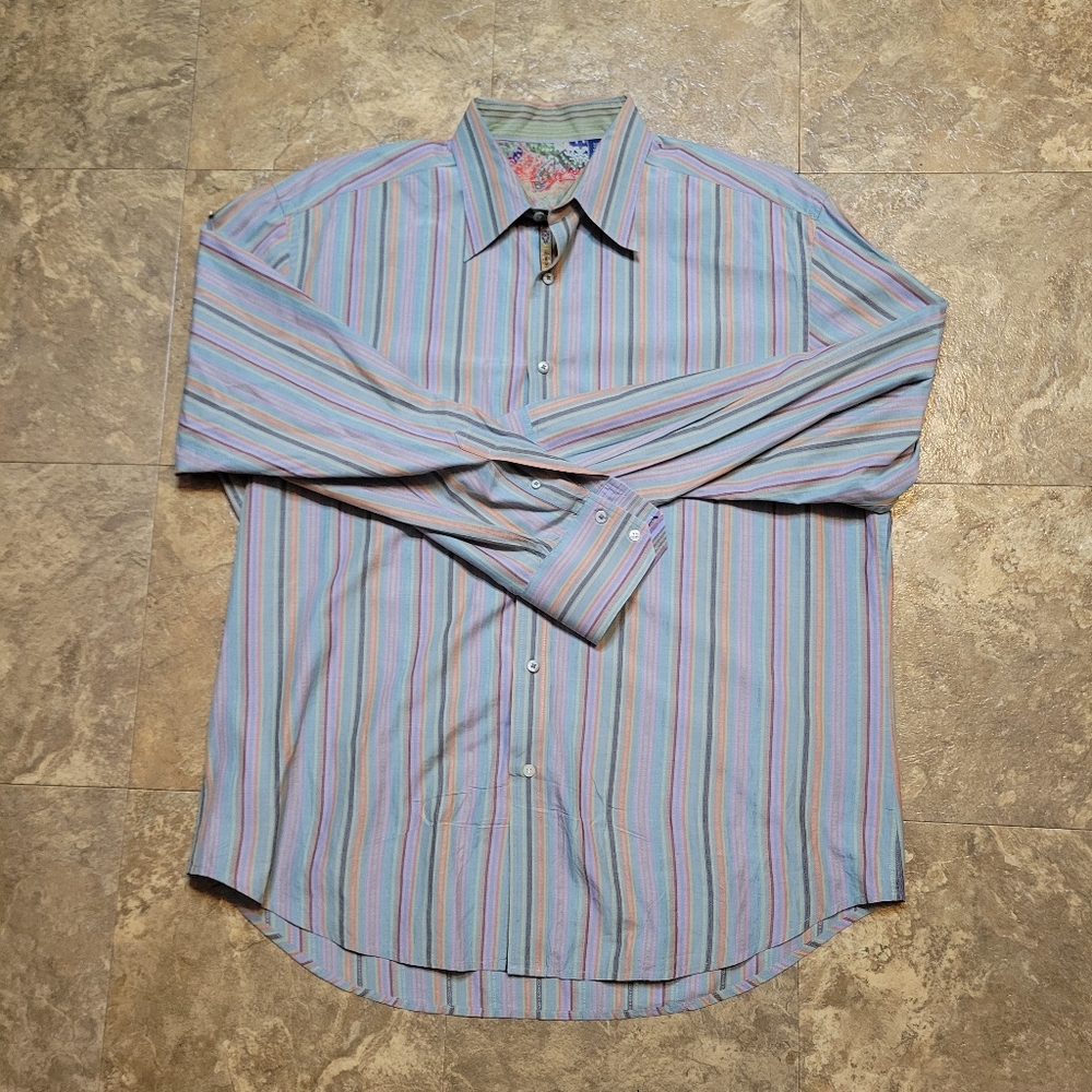 Robert Graham Dress Shirt Mens 2XL Olive Green Long Sleeve Flip Cuff Striped